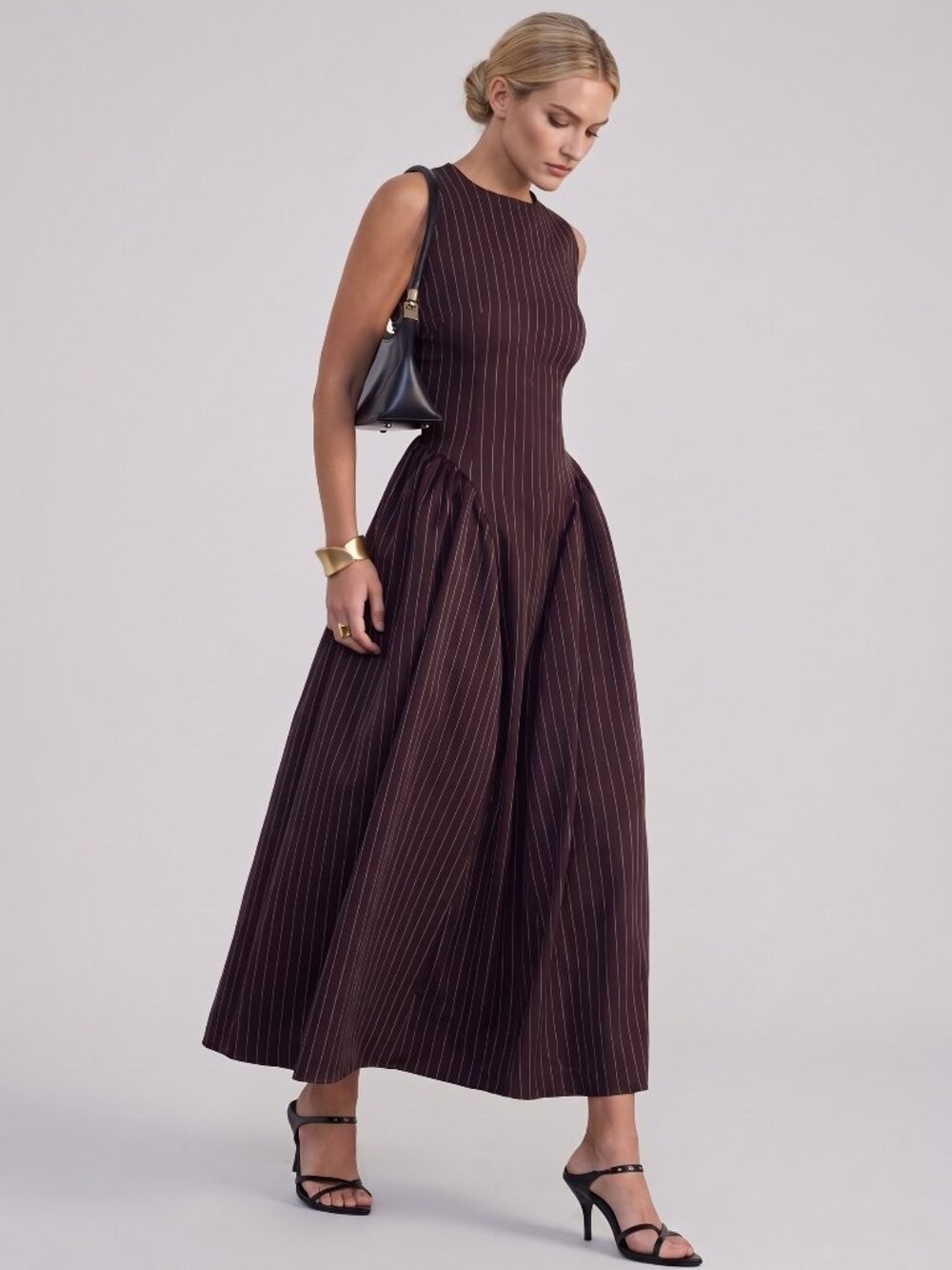 Women's Burgundy White Pinstripe Sleeveless Maxi Dress Cinched Waist A-Line